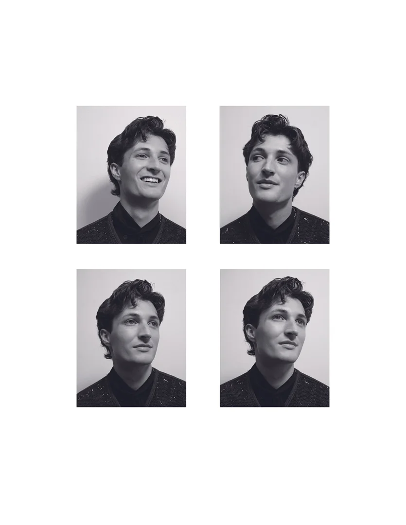 Black and white portrait of a handsome adult man in four different frames, set against a neutral background, showcasing diverse expressions.
