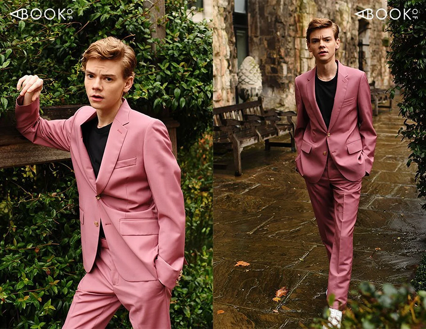 Man in pink suit poses in two outdoor settings, with lush greenery, bench, and cobblestone path, showcasing fashion and style.