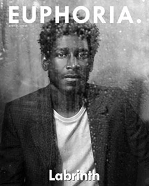 Black and white portrait of Labrinth on Euphoria digital cover. He is wearing a jacket and T-shirt. The background has a rain-like effect.