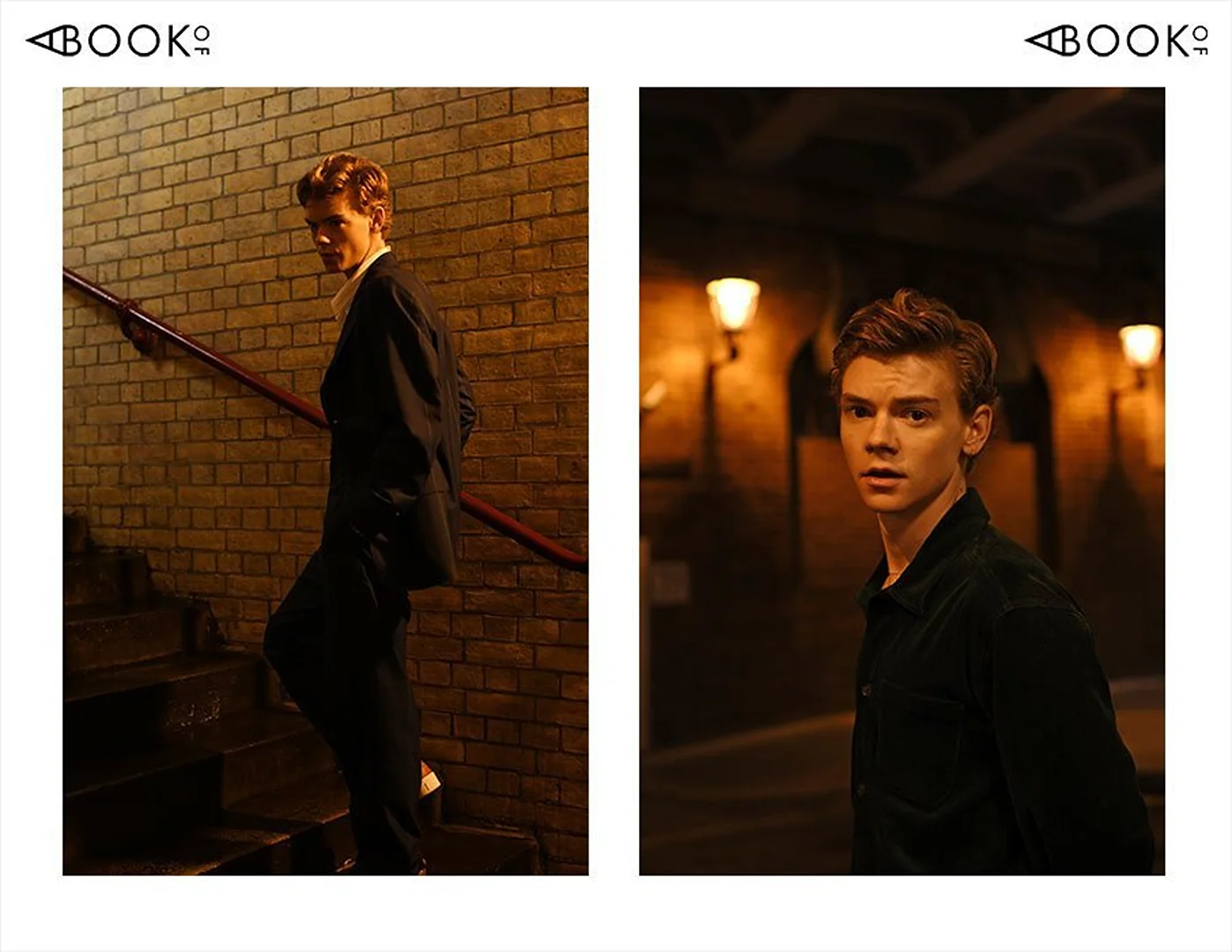 An adult male model poses indoors in an image split into two scenes: one on stairs, the other with a wall and lamps.