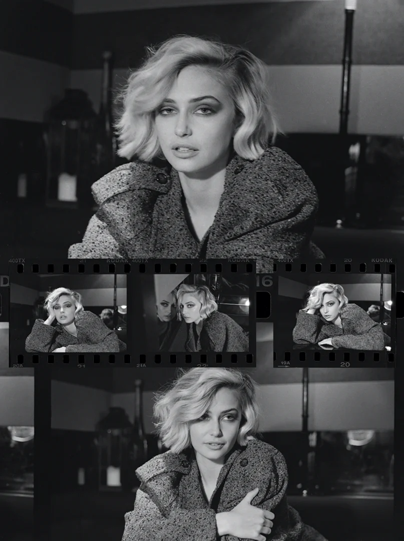 Black and white portrait of a woman with blonde bob haircut and wool coat, presented with a filmstrip-style multi-shot layout.