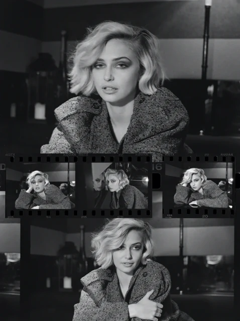 Black and white portrait of a woman with blonde bob haircut and wool coat, presented with a filmstrip-style multi-shot layout.