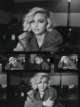 Black and white portrait of a woman with blonde bob haircut and wool coat, presented with a filmstrip-style multi-shot layout.