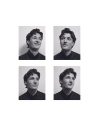 Four black and white portrait frames of a man with styled hair wearing a dark patterned top against a white wall.
