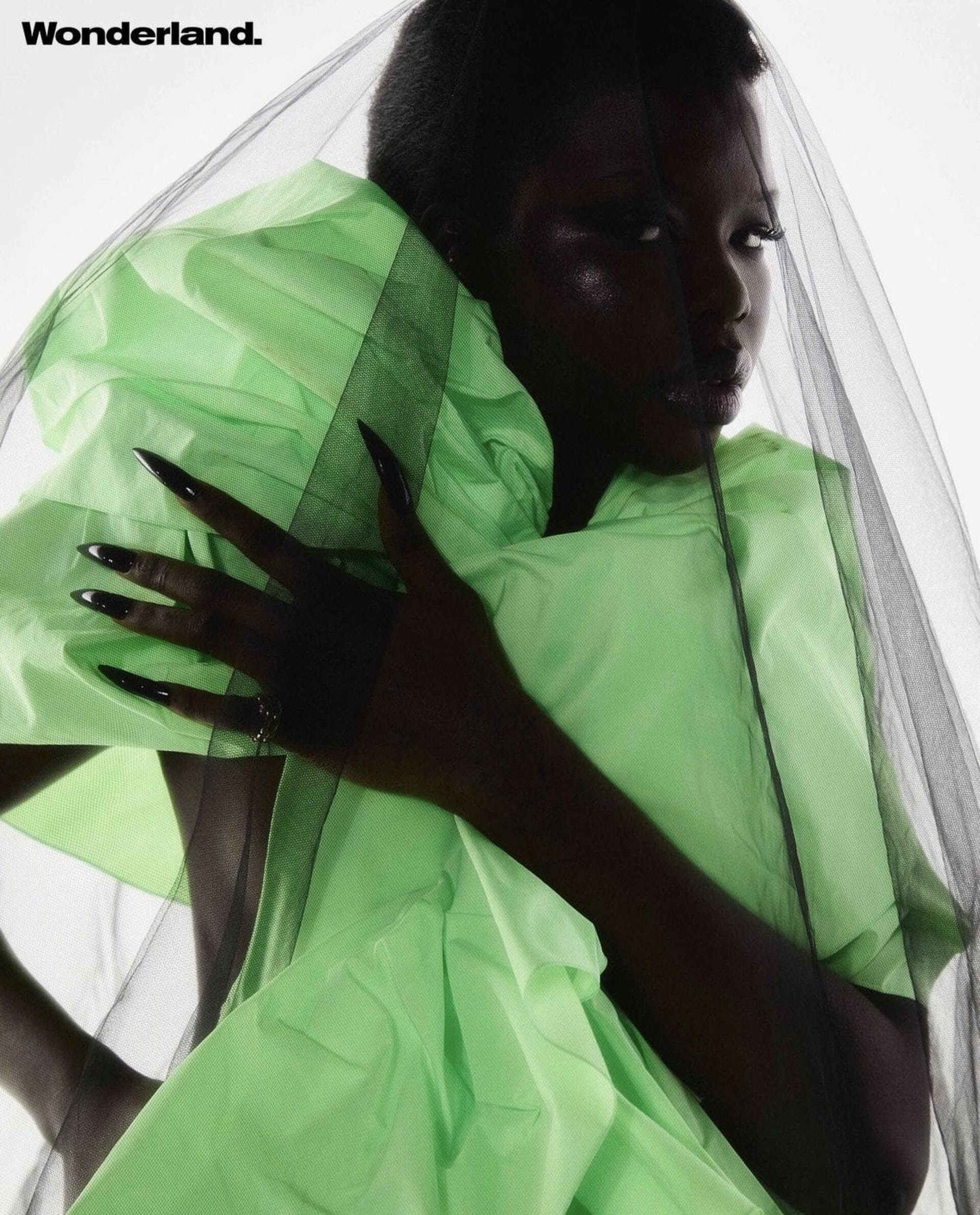 Portrait of Black woman with long nails wearing a green dress and black veil, gazing at the camera in a light, bright indoor setting.