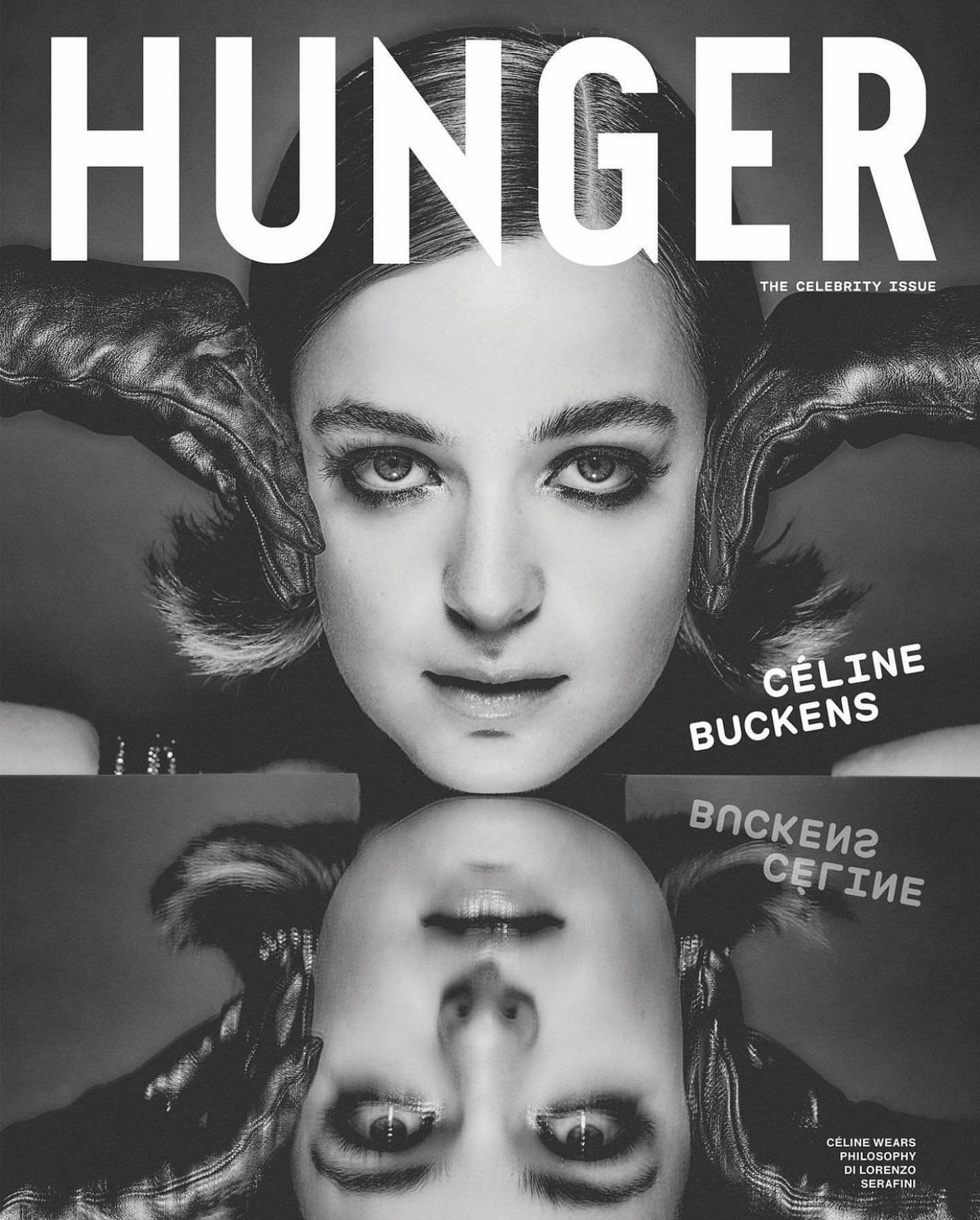 Black and white magazine cover with a close-up of a woman's face and its reflection, with 'Hunger' magazine title and celebrity issue.