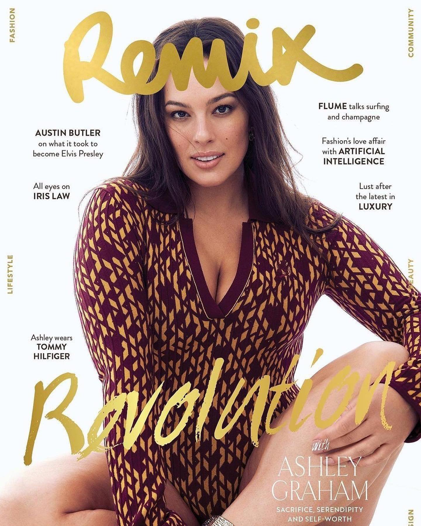 Magazine cover featuring Ashley Graham in a patterned top, overlaid with gold text and article teasers on a bright, clean background.