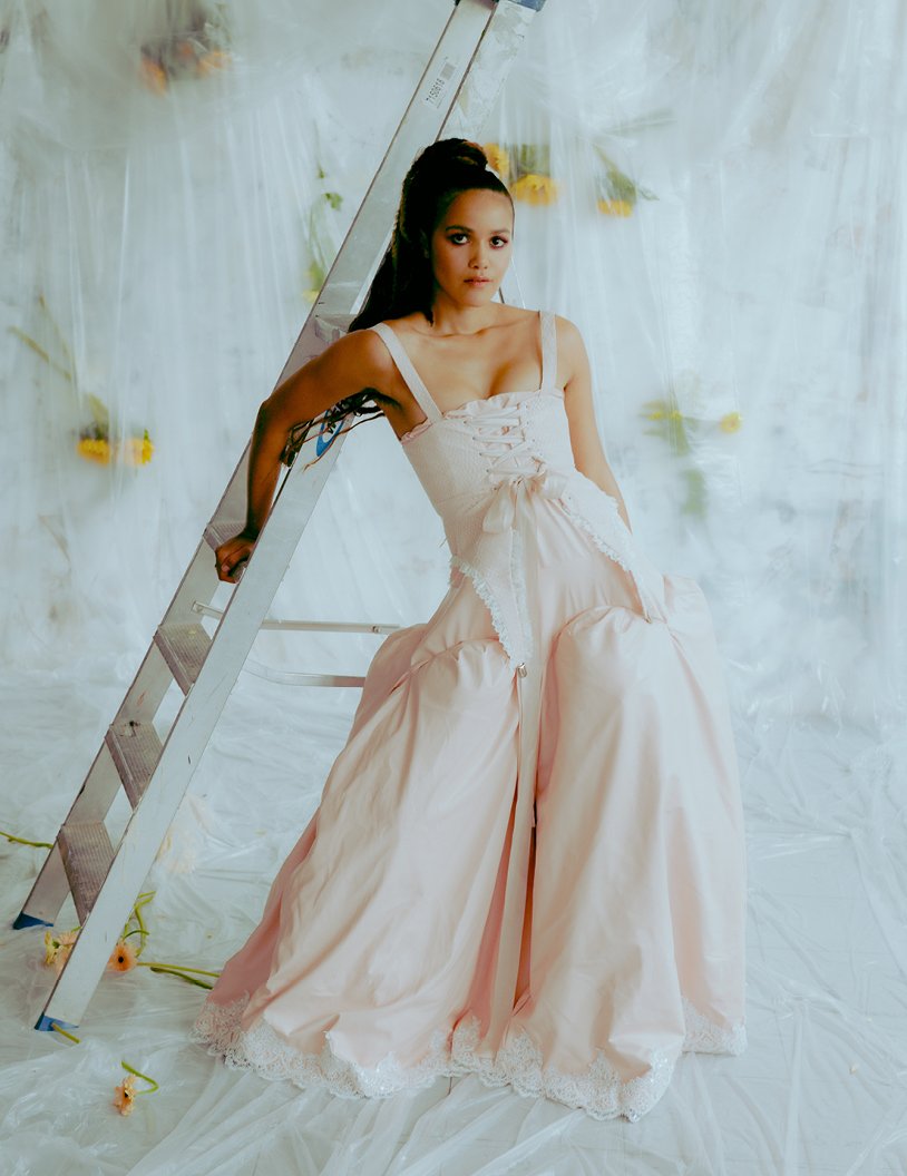 Portrait of an adult female in a pink ballgown leaning against a ladder indoors, with draped plastic and flowers in the background.