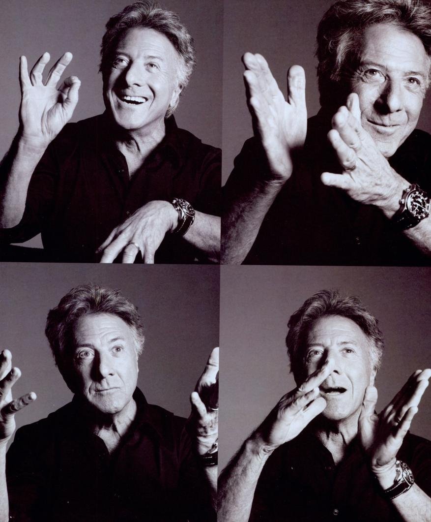 Four black and white portraits of an adult male with light skin, gesturing with his hands while wearing a dark button-down shirt and watch.