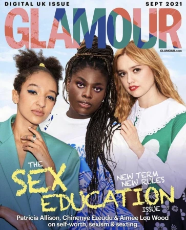 Glamour UK magazine cover featuring three women: Patricia Allison, Chinenye Ezeudu, and Aimee Lou Wood, for the September 2021 issue.