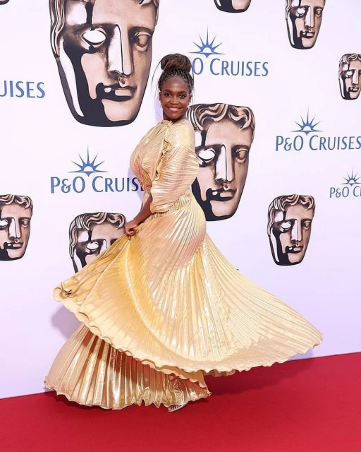 Adult female poses in a full-length gold pleated gown on a red carpet in front of a step-and-repeat banner at a formal event.