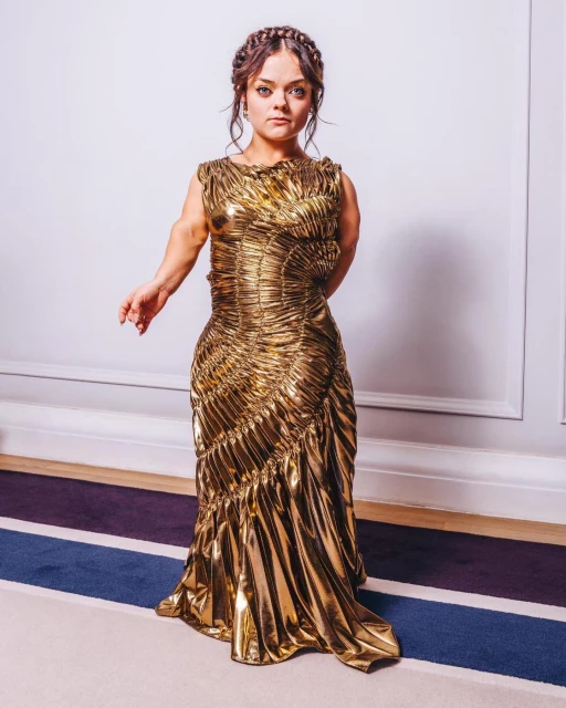 Woman in golden gown posing indoors. Female with braided hair wears a shiny, floor-length gold dress with a gathered bodice.