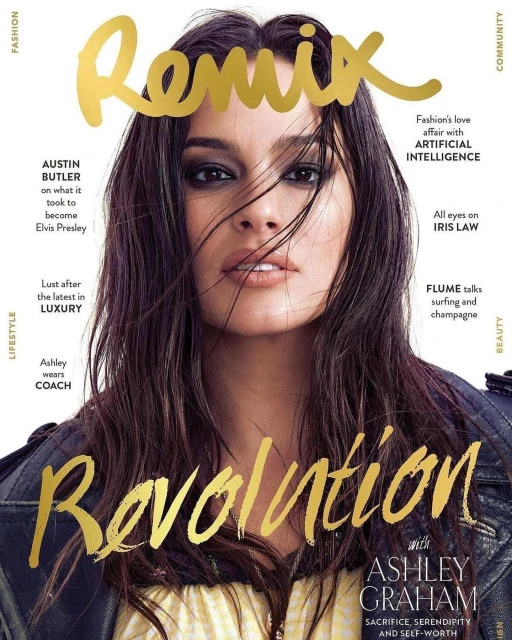 Remix magazine cover featuring Ashley Graham in a fashion editorial shot, showcasing beauty, a leather jacket, and bold makeup.