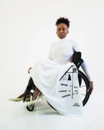 Black woman wearing a white long-sleeve top and printed skirt seated in a wheelchair against a seamless white background.