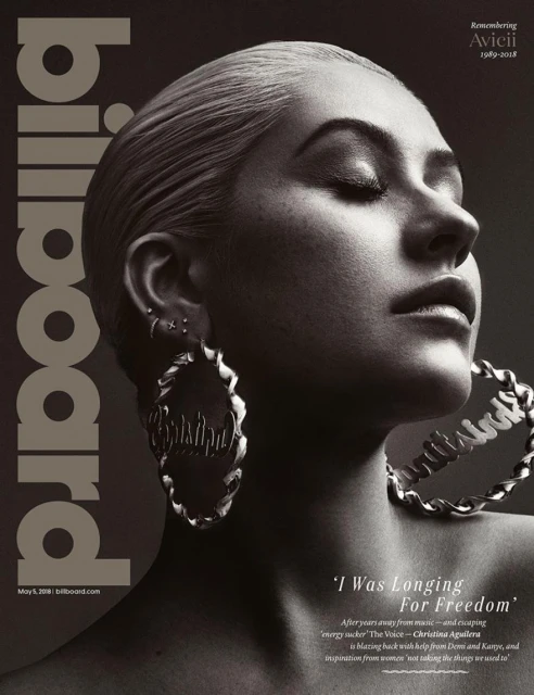 Billboard magazine cover featuring Christina Aguilera in a close-up shot, with a focus on her face, jewelry, and magazine branding.