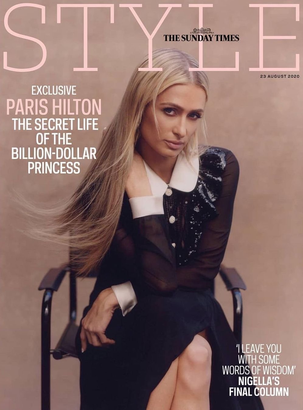 Magazine cover featuring Paris Hilton in a black dress, sitting on a chair. The masthead reads STYLE with The Sunday Times logo.