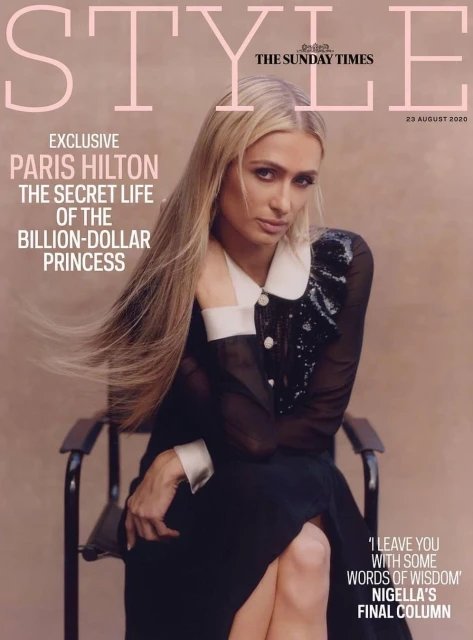 Magazine cover featuring Paris Hilton in a black dress, sitting on a chair. The masthead reads STYLE with The Sunday Times logo.