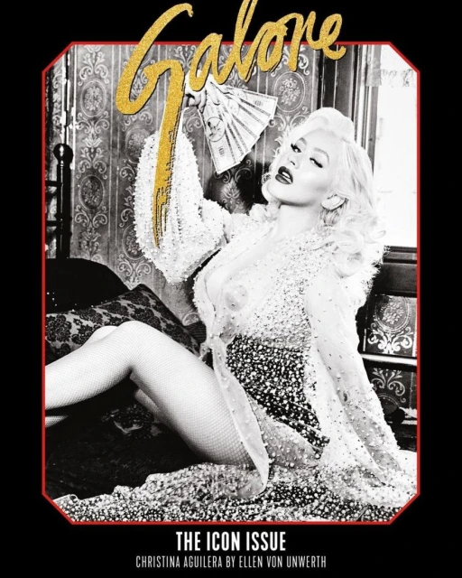 Christina Aguilera in a magazine cover, reclining and holding money. Gold Galore text overlay, ornate vintage background with red frame.
