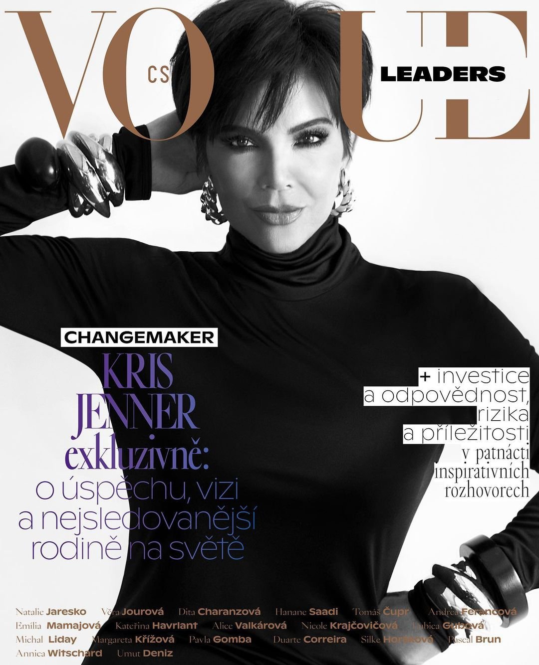 Vogue cover featuring Kris Jenner in a black turtleneck sweater, silver jewelry, and brown Vogue masthead. Fashion and celebrity magazine.