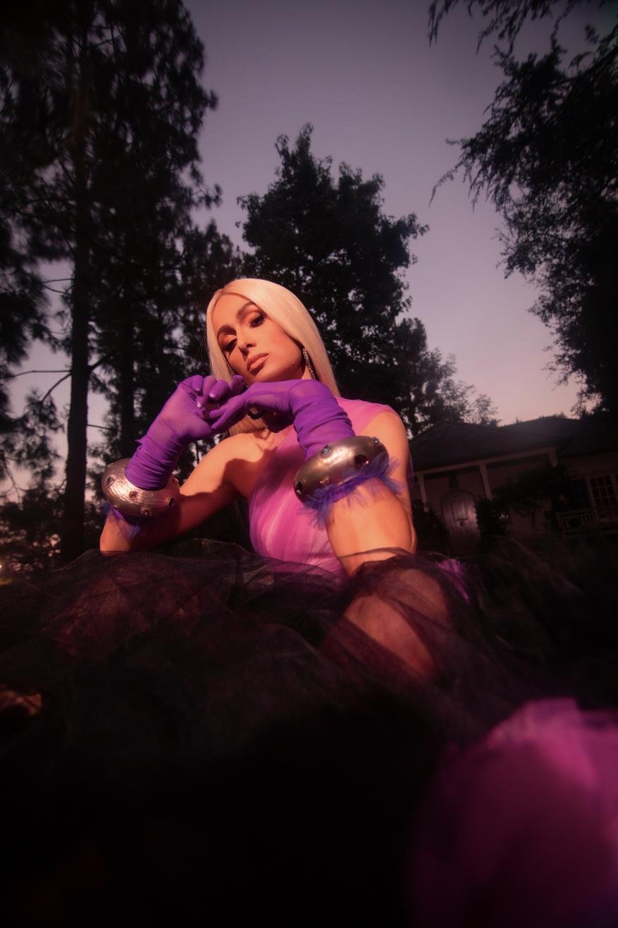 Woman in purple gloves and tulle dress poses outdoors at dusk. Trees and a building are visible in background with a colorful sky.