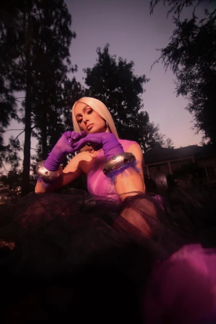 Woman in purple gloves and tulle dress poses outdoors at dusk. Trees and a building are visible in background with a colorful sky.