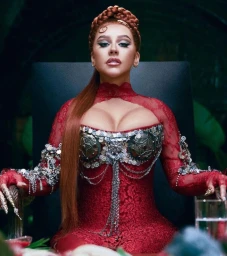 Christina Aguilera seated wearing a red lace bodice with silver coin embellishments and elaborate braided hairstyle with long red hair.