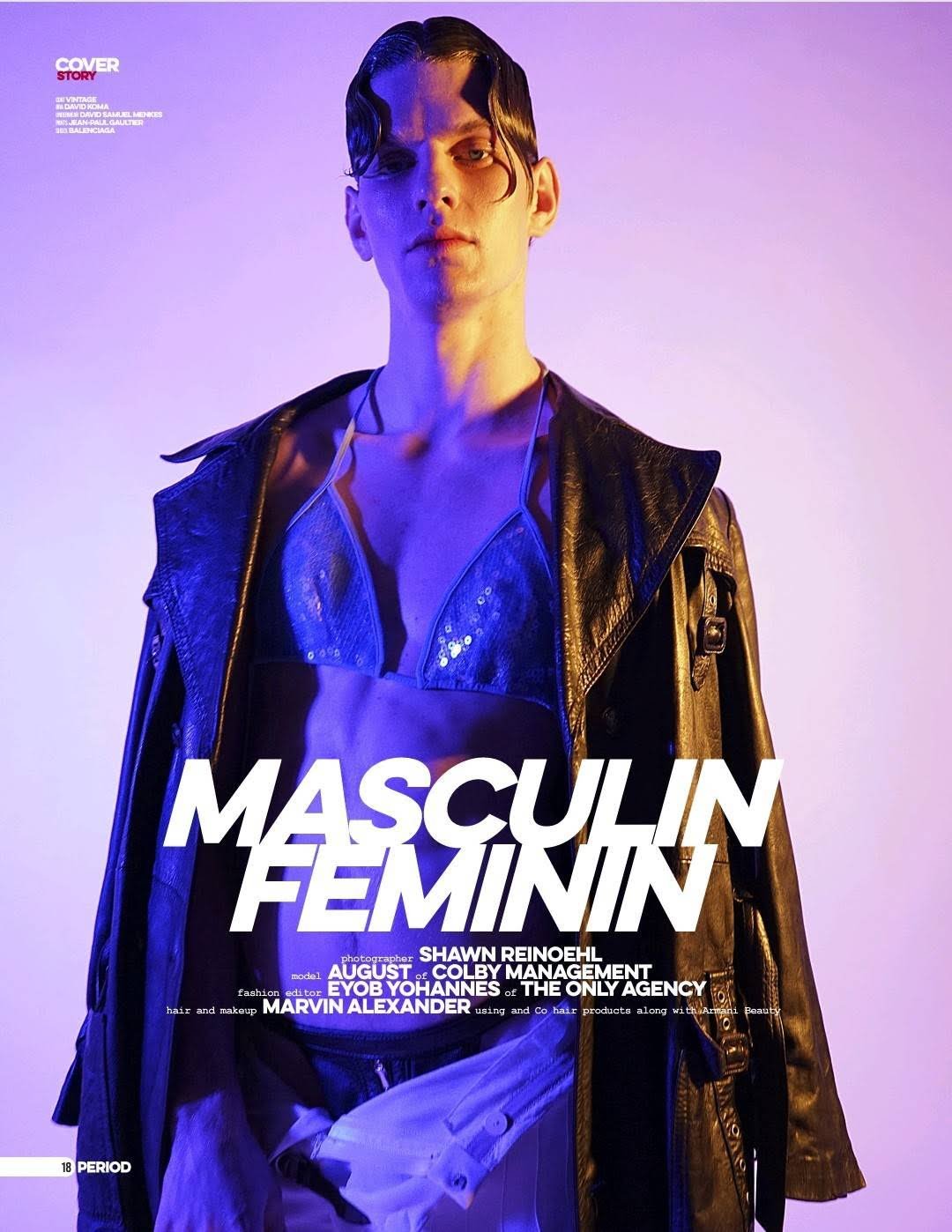 Fashion magazine cover featuring a male model with wet-look hair, wearing a sequin bralette and an open leather trench coat in a studio lit with blue and purple.