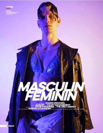 Fashion magazine cover featuring a male model with wet-look hair, wearing a sequin bralette and an open leather trench coat in a studio lit with blue and purple.