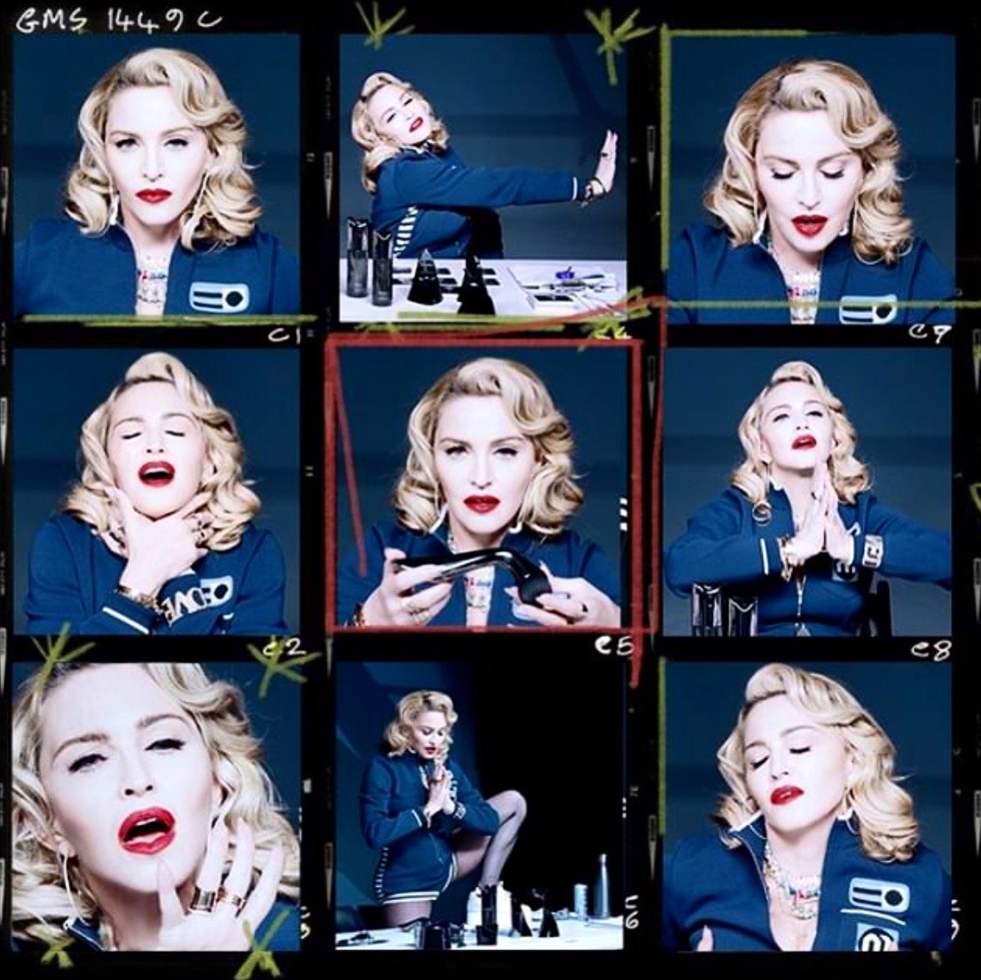 Madonna poses in a photo collage, featuring multiple expressions and poses in blue top and red lipstick against a dark background.