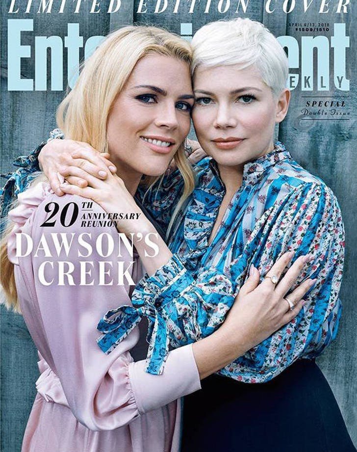 Entertainment Weekly magazine cover featuring actresses Busy Philipps and Michelle Williams embracing for Dawson's Creek reunion issue.