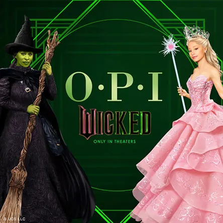 Promotional image for OPI's Wicked nail polish collection featuring two characters, one dressed as a witch and the other as a princess.