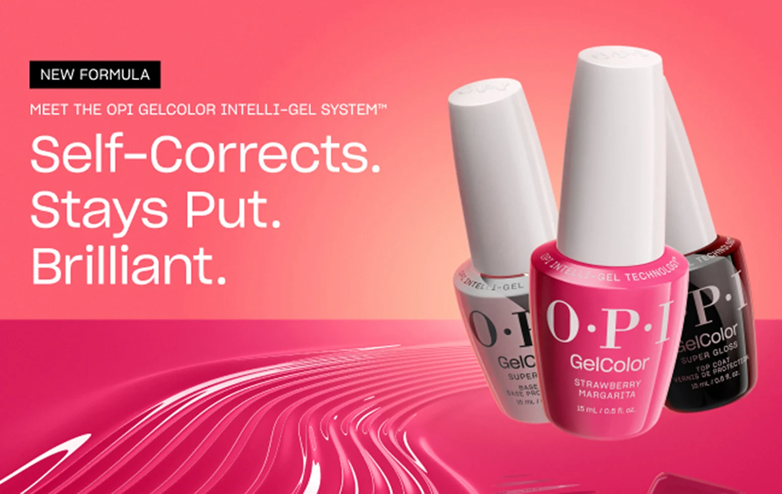 OPI GelColor nail polish bottles in pink, white, and dark shades, presented on a pink background with abstract white lines and text.