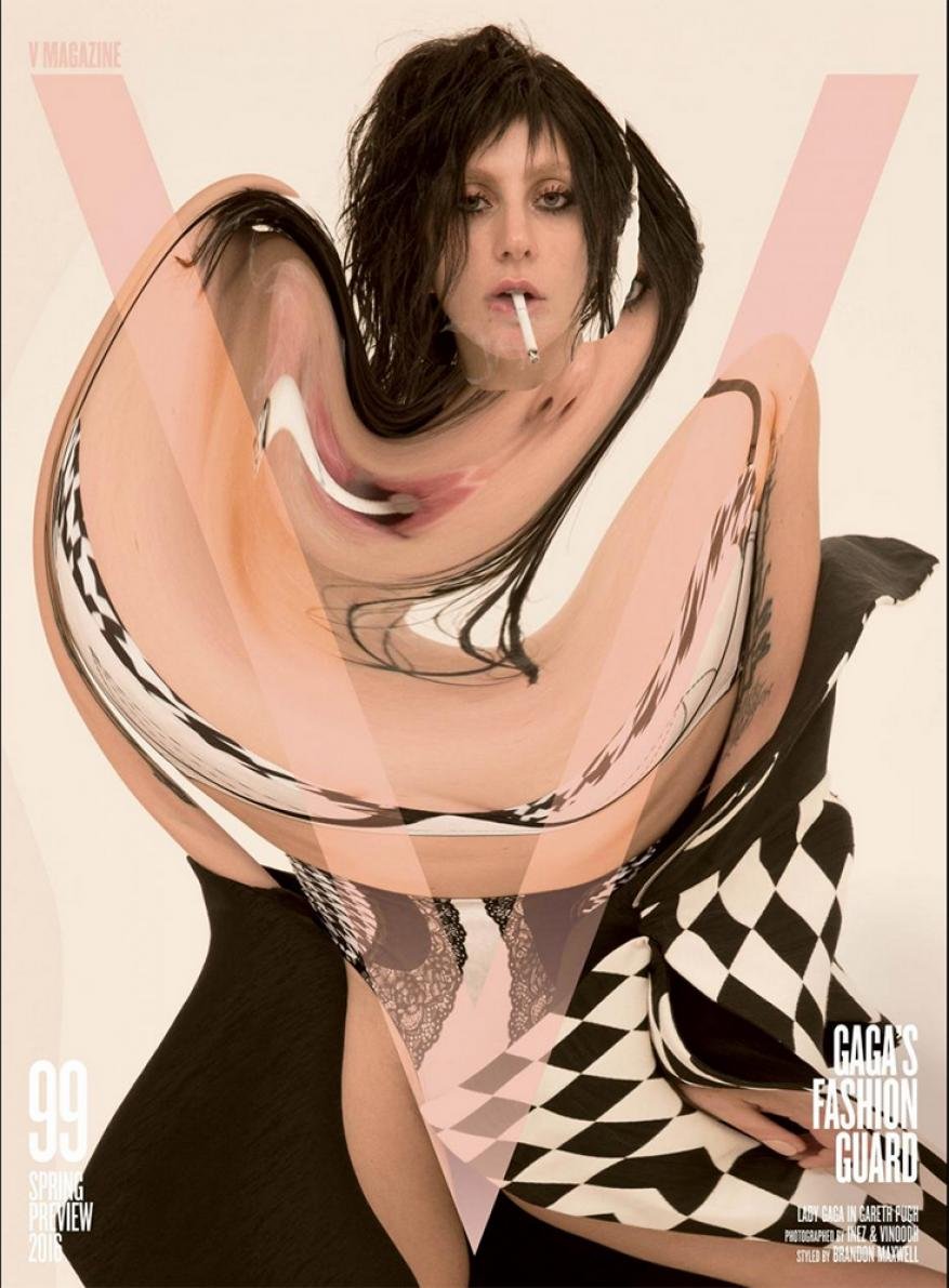 Lady Gaga on V Magazine cover, Spring Preview 2016. The celebrity is holding a cigarette, wears a black and white jacket, and has dark hair.