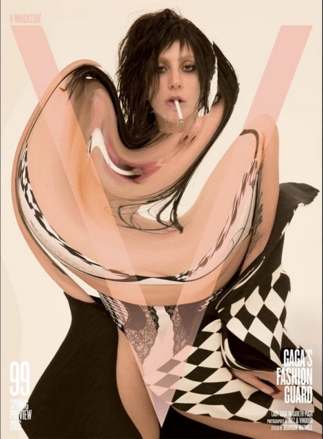Lady Gaga on V Magazine cover, Spring Preview 2016. The celebrity is holding a cigarette, wears a black and white jacket, and has dark hair.