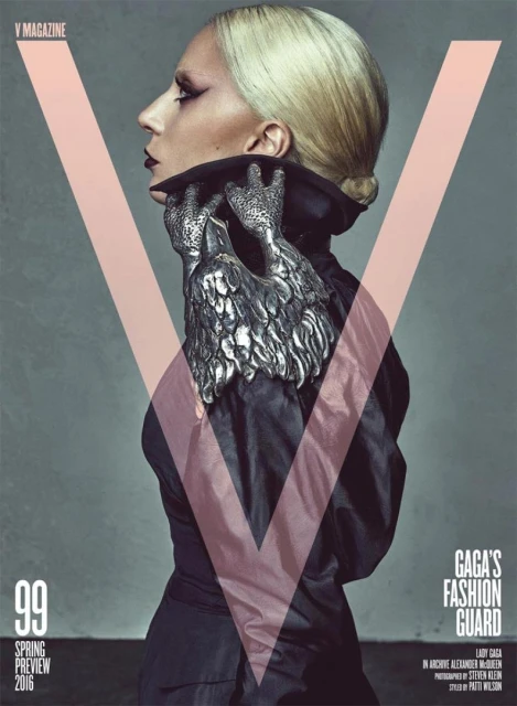 Lady Gaga poses in profile on the cover of V Magazine. The image features a pale color palette, high-fashion styling, and gothic makeup.