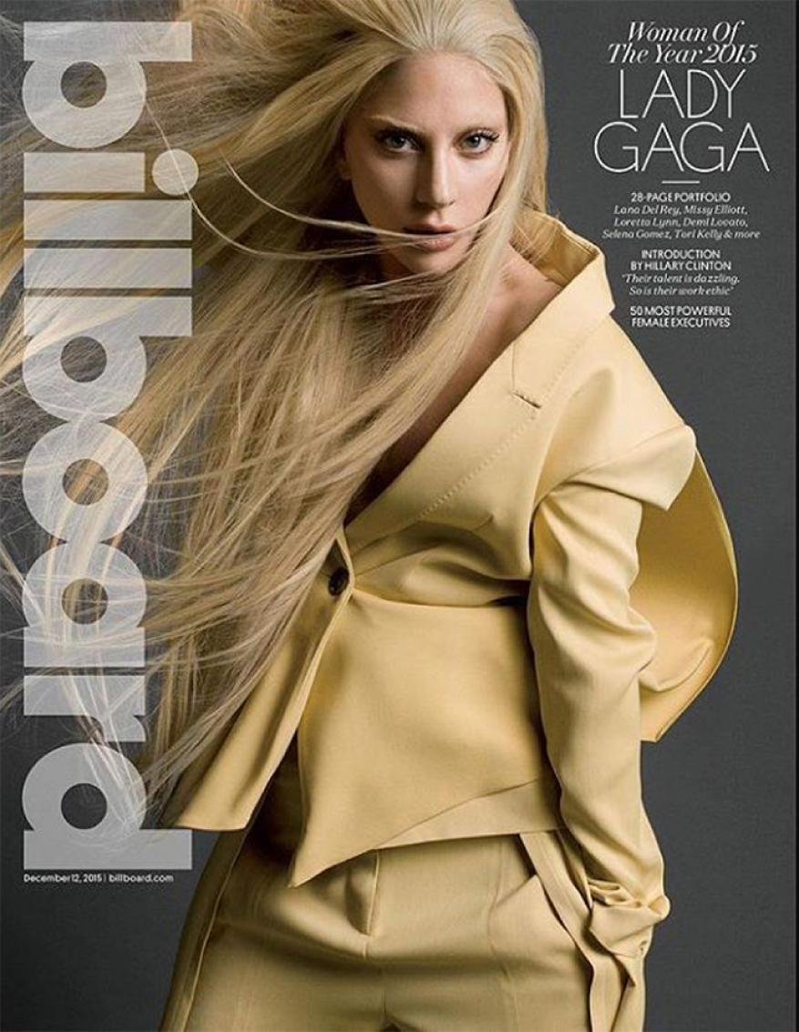 Billboard cover featuring Lady Gaga in a beige pantsuit with flowing blond hair, grayscale background, and magazine masthead.