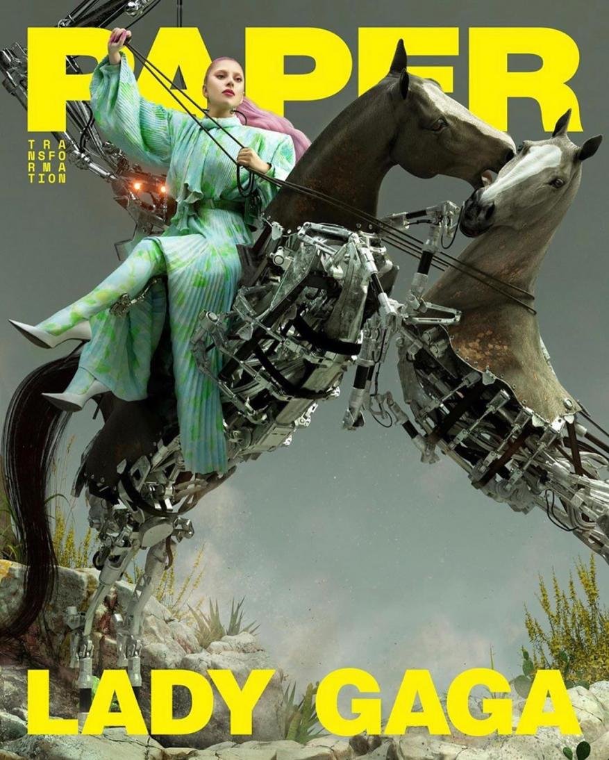 Paper Magazine cover featuring Lady Gaga riding a mechanical horse; shot with CGI and photographic techniques against an outdoor backdrop.