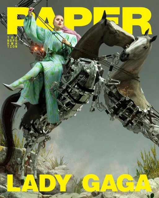 Paper Magazine cover featuring Lady Gaga riding a mechanical horse; shot with CGI and photographic techniques against an outdoor backdrop.