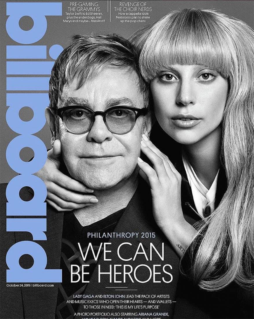 Billboard cover featuring Lady Gaga and Elton John in black and white tones, promoting their philanthropy work. Close-up shot.