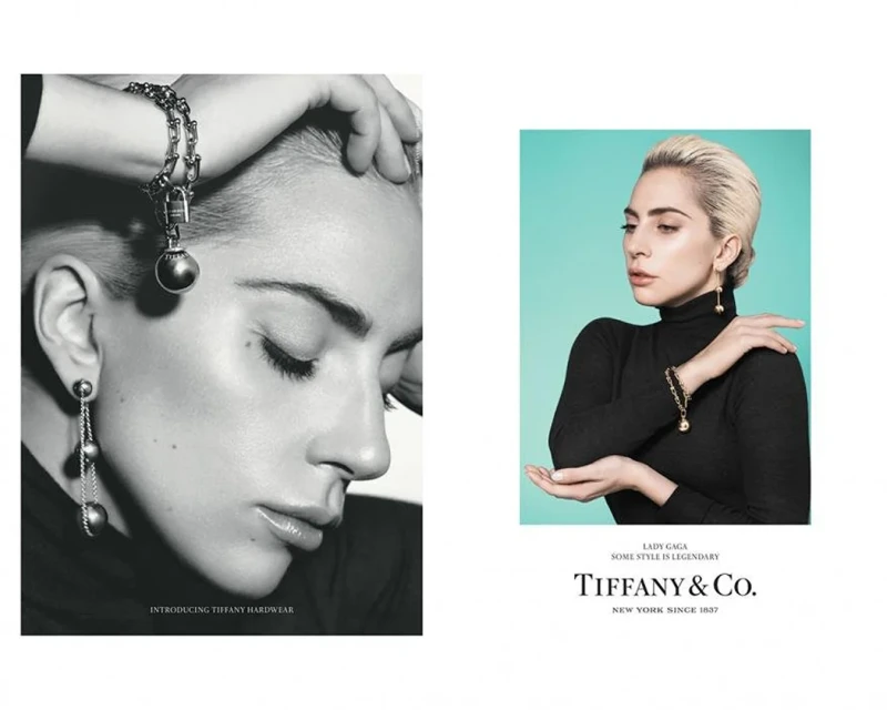 Close-up studio shot of Lady Gaga wearing Tiffany & Co. jewelry, showcasing a bracelet and earrings against a turquoise backdrop.