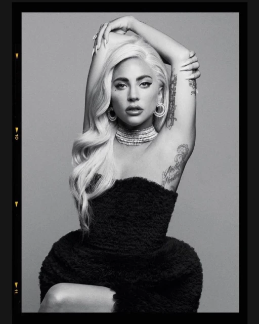 Monochrome portrait of a woman with blonde hair wearing a black strapless top and jewelry against a gray background.