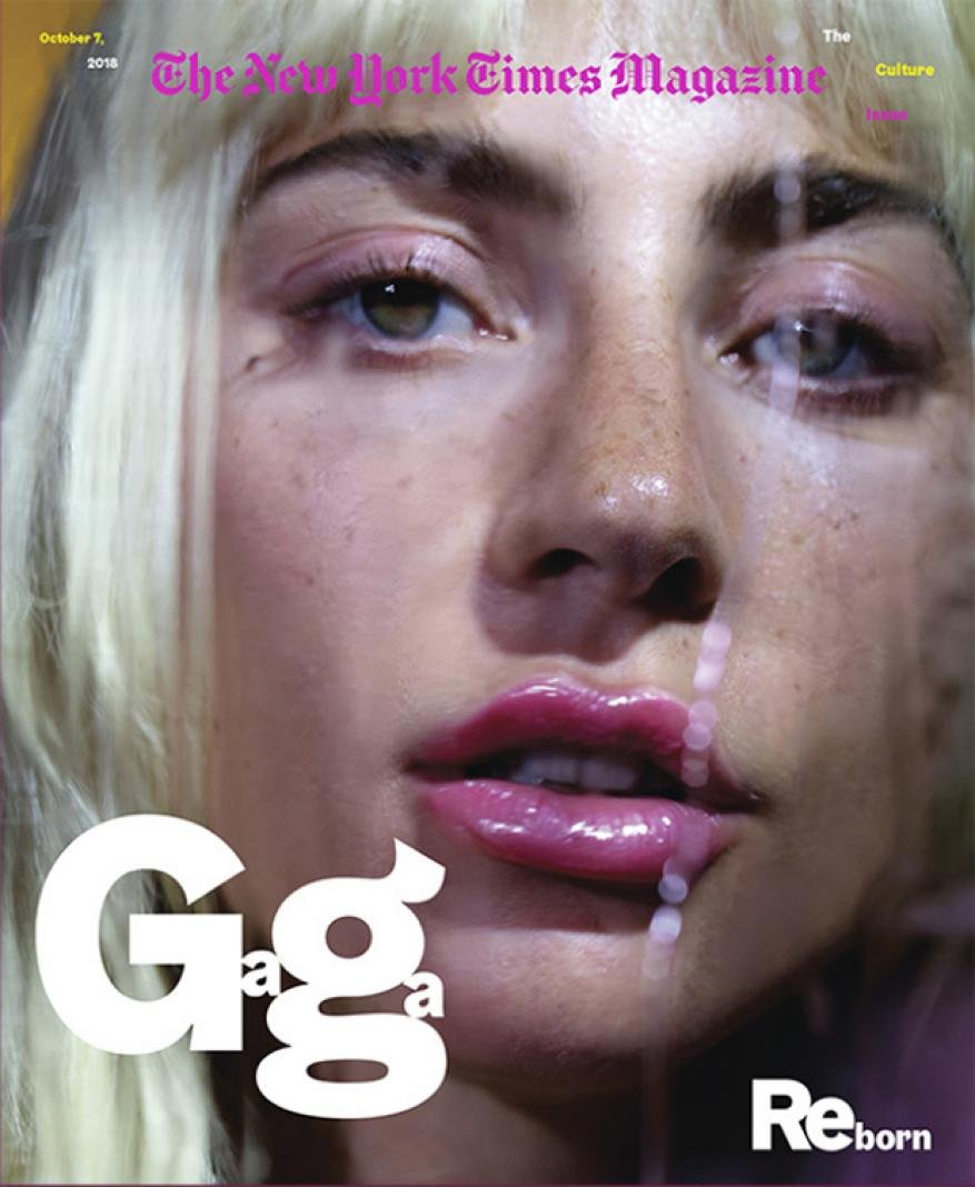 Close-up magazine cover of Lady Gaga with blonde hair, glossy pink lips, and a stream of water running down her face. Text reads 'Gaga'.