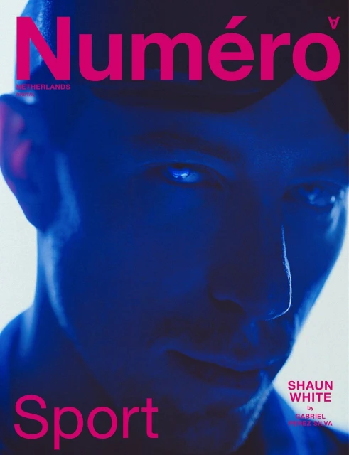 Magazine cover featuring a portrait of Shaun White, heavily filtered with a blue hue and pink text: “Numero Netherlands Sport.”