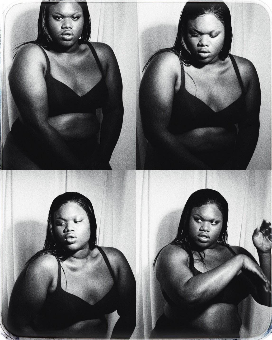 Four-panel portrait of a plus-size woman in a bra against a light curtain, with wet dark hair, expressive poses, and a black-and-white aesthetic.