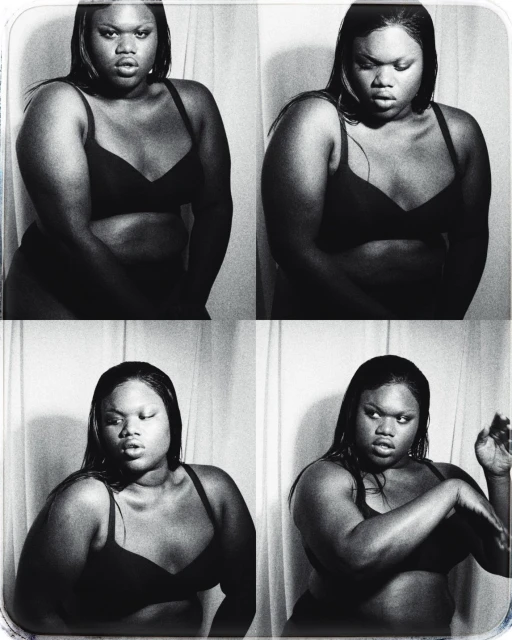 Four-panel portrait of a plus-size woman in a bra against a light curtain, with wet dark hair, expressive poses, and a black-and-white aesthetic.
