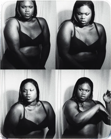 Four-panel portrait of a plus-size woman in a bra against a light curtain, with wet dark hair, expressive poses, and a black-and-white aesthetic.