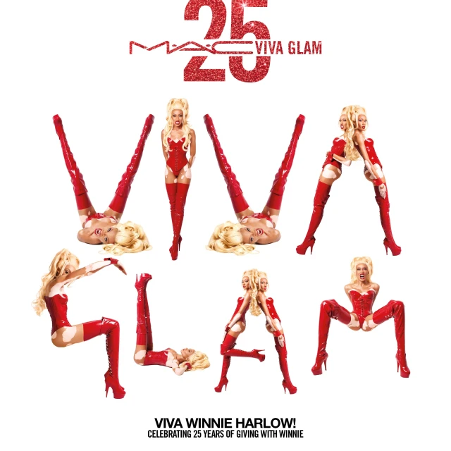 MAC Viva Glam 25th anniversary campaign featuring Winnie Harlow forming letters with her body; red patent leather boots and bodysuit on a white background.