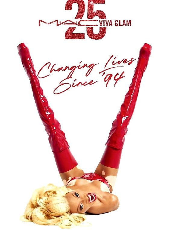 MAC Viva Glam 25th anniversary campaign featuring a person lying on their back with legs up in the air wearing red boots.