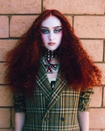 Close-up portrait of a woman with voluminous red hair wearing a plaid blazer and large cross choker against a brick wall.