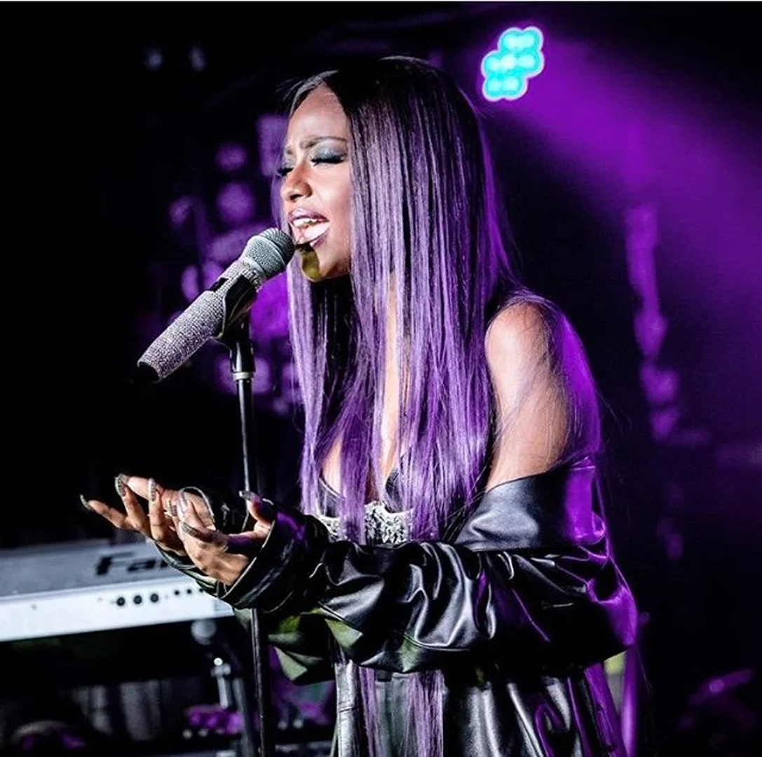 A singer with long purple hair performs with a microphone on stage. The scene is lit with purple stage lights, and a keyboard is visible.